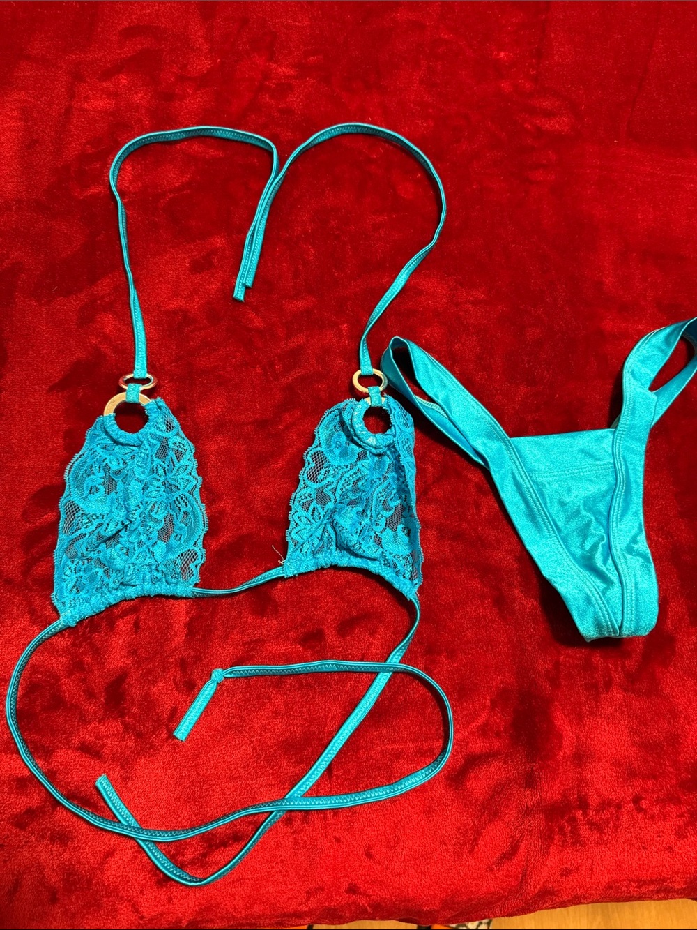Lace Triangle Bikini Set in Turquoise - Women's Swim